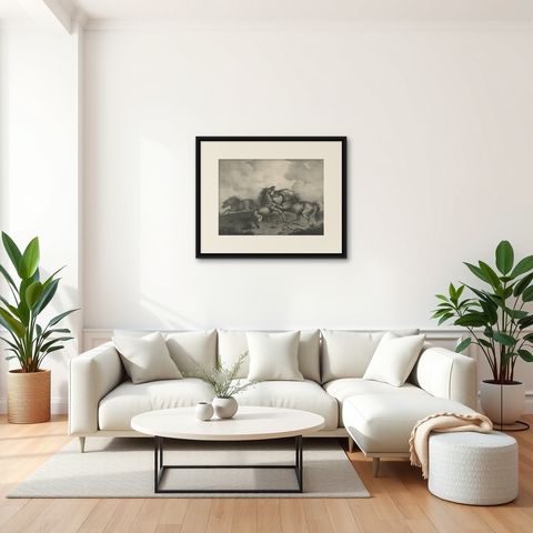 Original Antique Lithograph of a Horse Showing the Passion 'Rage & Agony', 1827, shown framed in a room