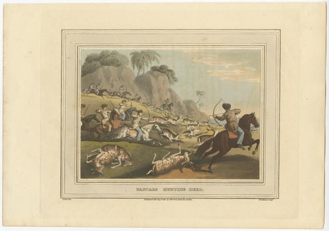 Decorative Hand-Colored Antique Print of Tartars Hunting Deer in Russia, 1813, view 3