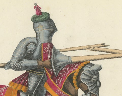 19th-Century Hand-Coloured Knightly Joust: Ornate Armor & Horses in Action, close-up 2