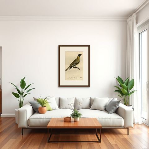 Original Handcolored Print of a Male Oriole, 1802, shown framed in a room