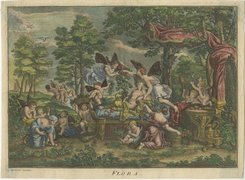 Rare Hand-Colored Antique Engraving of Flora Lying on a Bed Surrounded by Angels, view 2