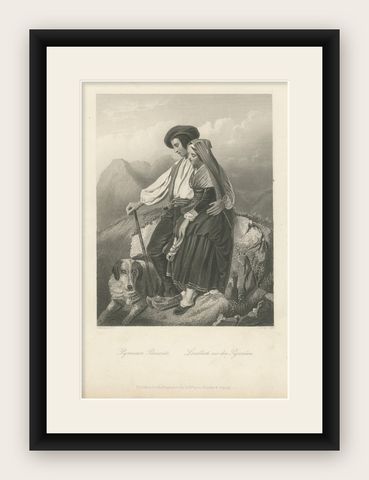 Pyrenean Peasant Couple with Dog, Romantic 19th C. Engraving c.1840, shown framed