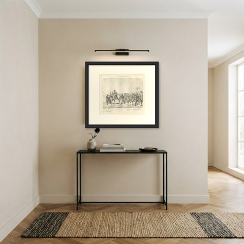 Entry into Syria, Bonaparte Gives Up His Horse, Antique Madou Lithograph, 1827, shown framed in a room