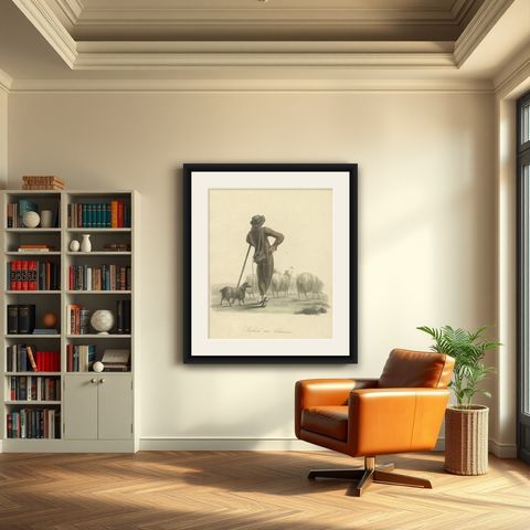 Antique Print of a Shepherd Boy with Sheep Near Valenciennes, 1817, shown framed in a room