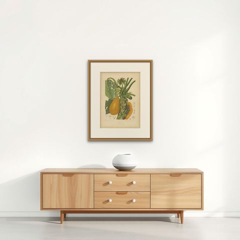 Antique Papaya Botanical Chromolithograph by Hoola van Nooten, c. 1880, shown framed on a wall
