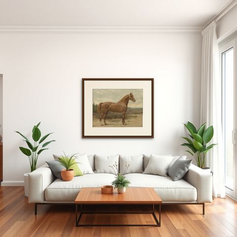 Antique Dutch Gelderland Horse Print by Otto Eerelman, 1898, shown framed in a room