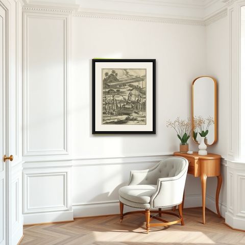 Old Print of Vishnu and the Fifth Incarnation, 1672, shown framed in a room