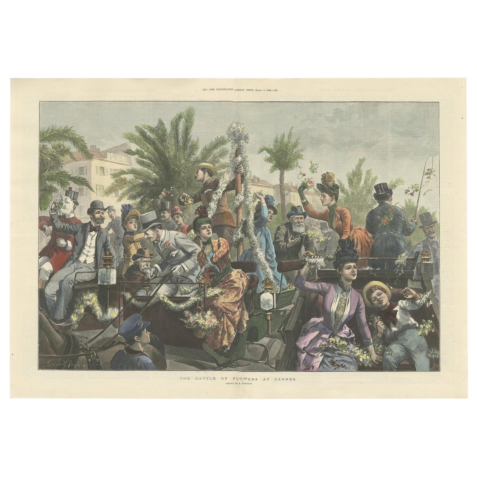 Antique Print of 'The Battle of Flowers' at Cannes by Hopkins, '1889'