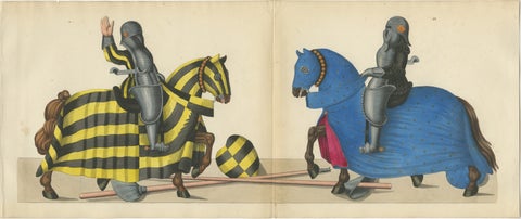 Hand-Coloured Jousting Litho: Knights on Striped and Starry Caparisoned Horses, view 2