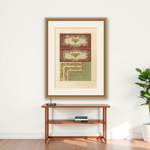 18th Century French Wall and Border Decoration, Rococo Floral Frames, Plate XCI, shown framed on a wall