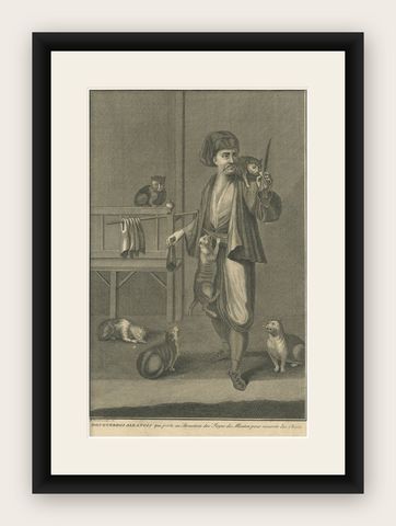 Antique Print of Dgi-Guerdgi feeding Cats in the Bazaar, shown framed