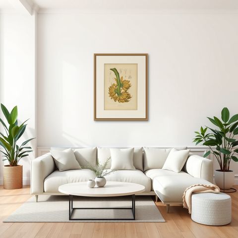 Antique Banana Botanical Chromolithograph by Hoola van Nooten, c. 1880, shown framed in a room
