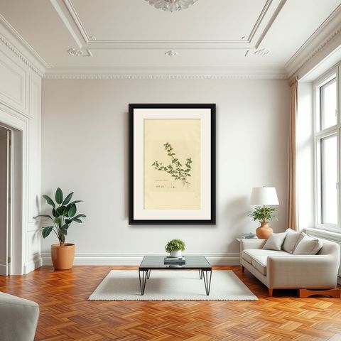 Antique Botany Print of Lysimachia Nemorum by Curtis 'circa 1817', shown framed in a room