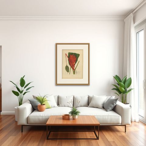 Antique Red Heliconia Botanical Chromolithograph by Hoola van Nooten, c. 1880, shown framed in a room