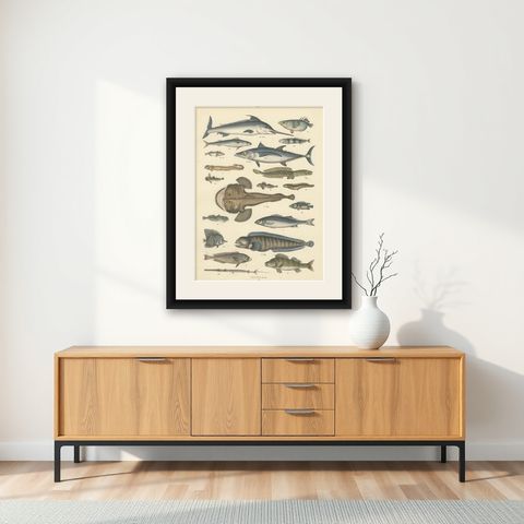 Marine Fish Print: Swordfish, Anglerfish, Tuna & Pipefish, Antique 1867, shown framed on a wall