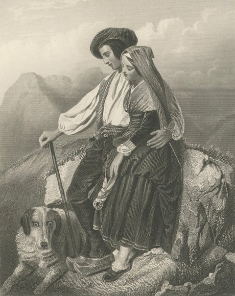 Pyrenean Peasant Couple with Dog, Romantic 19th C. Engraving c.1840, close-up 2