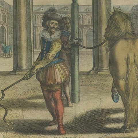 Antique Print of French Men Training Two Horses Near The Louvre, France, 1627, close-up 2