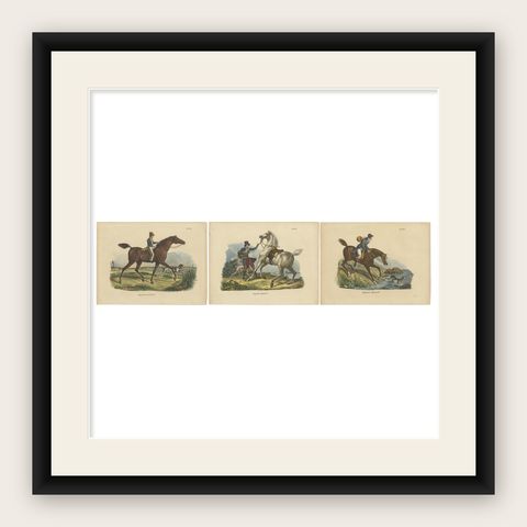 Set of 3 Antique Hand Colored Prints of English Horses, shown framed