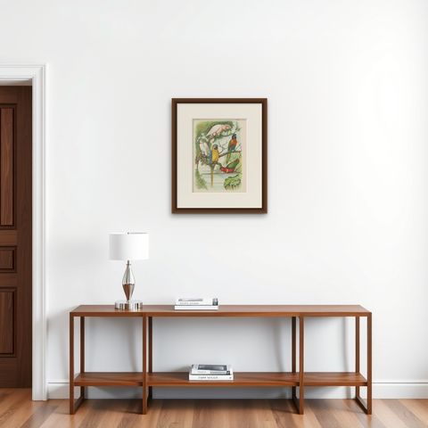 Antique Bird Print of the Cockatoo, Blue-Mountain Lory and Maccaw (1886), shown framed on a wall