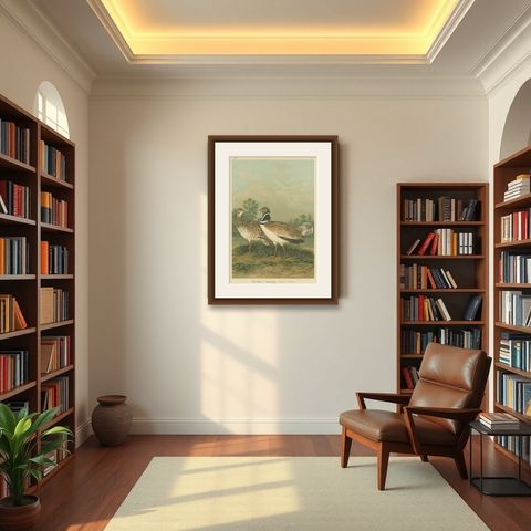 Little Bustards in 19th Century Landscape, Antique Ornithology Bird Print, shown framed in a room