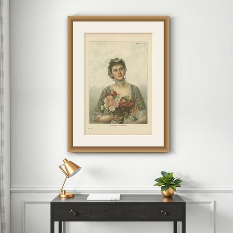 Portrait of a Flower Maiden, 19th-Century Chromolithograph by Warthmüller, shown framed on a wall