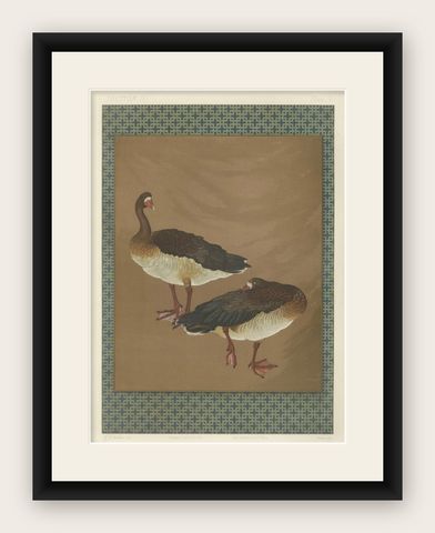 Japanese Geese in Calm Elegance: Antique Lithograph, 1880s, shown framed
