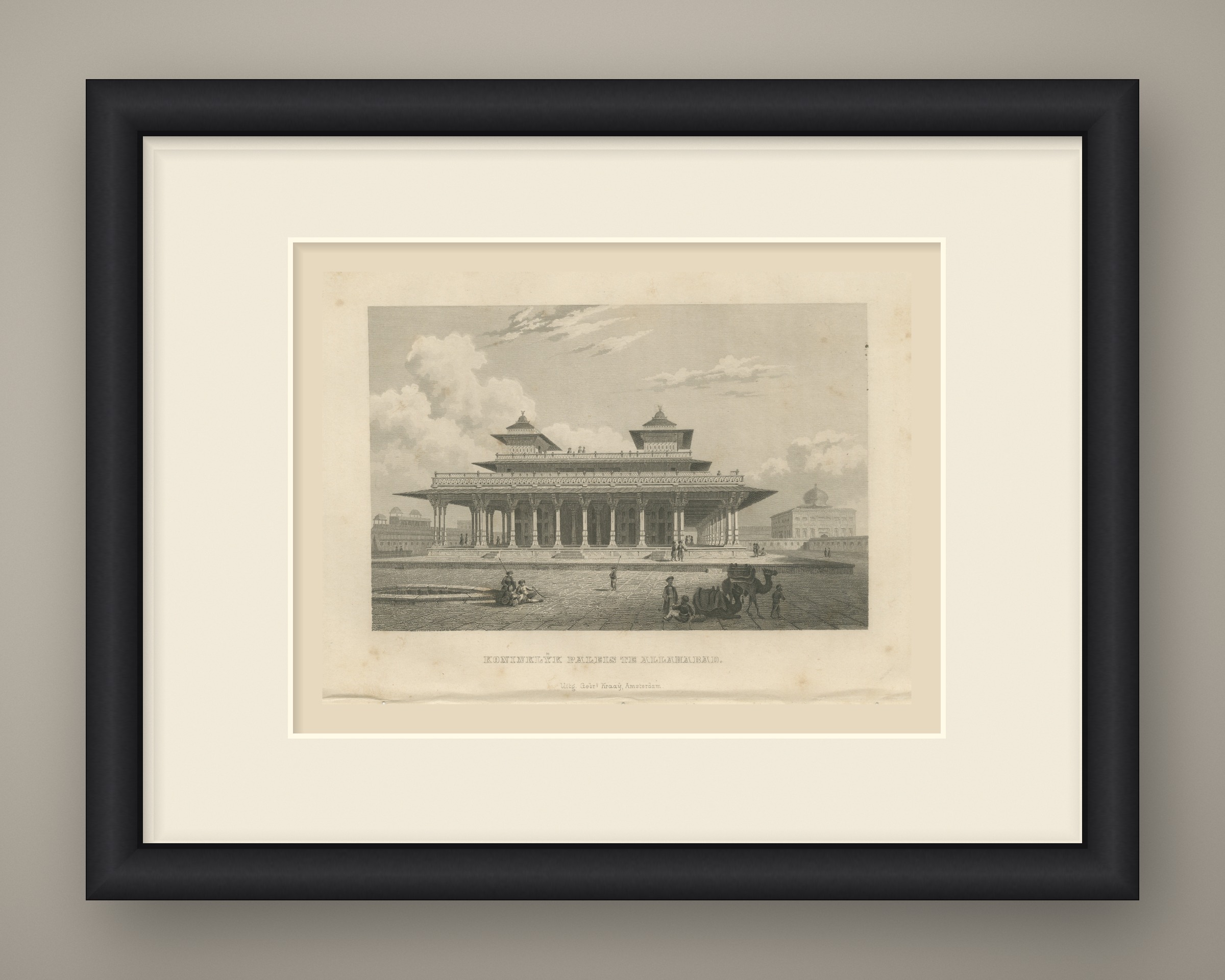 Royal Palace at Allahabad, Columned Pavilion, Antique Steel Engraving, 1859, shown framed