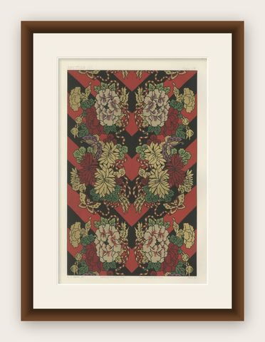 Japanese Floral and Butterfly Textile Pattern: Antique Lithograph, 1880s, shown framed