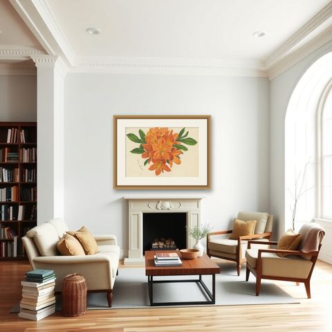 Enchanted Blossoms: Masterpieces of Botanical Art from Van Houtte's Florilegium, shown framed in a room