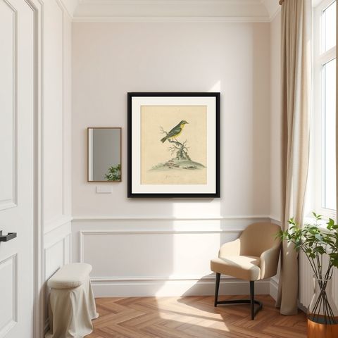 Late 18th-century Hand-Colored Copperplate Engraving of the Yellow Finch, 1794, shown framed in a room