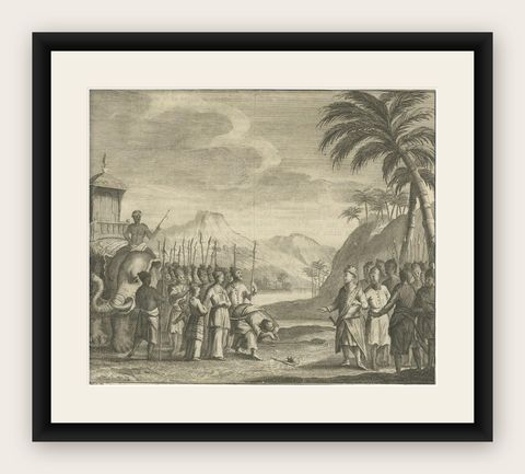 Antique Print of Figures and an Elephant on Ceylon, 1726, shown framed