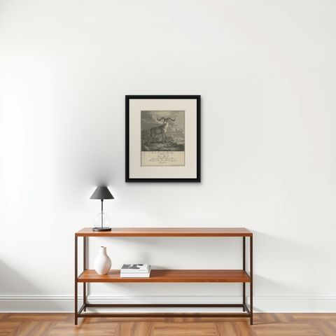 Original Antique Engraving of a Deer by Ridinger, circa 1745, shown framed on a wall