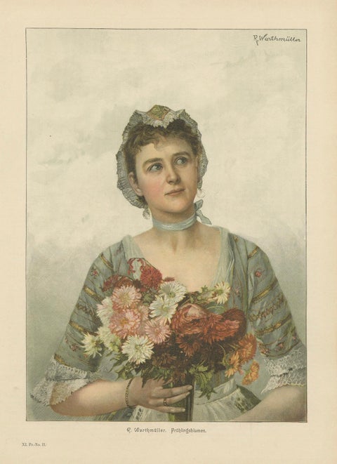 Portrait of a Flower Maiden, 19th-Century Chromolithograph by Warthmüller, close-up 6