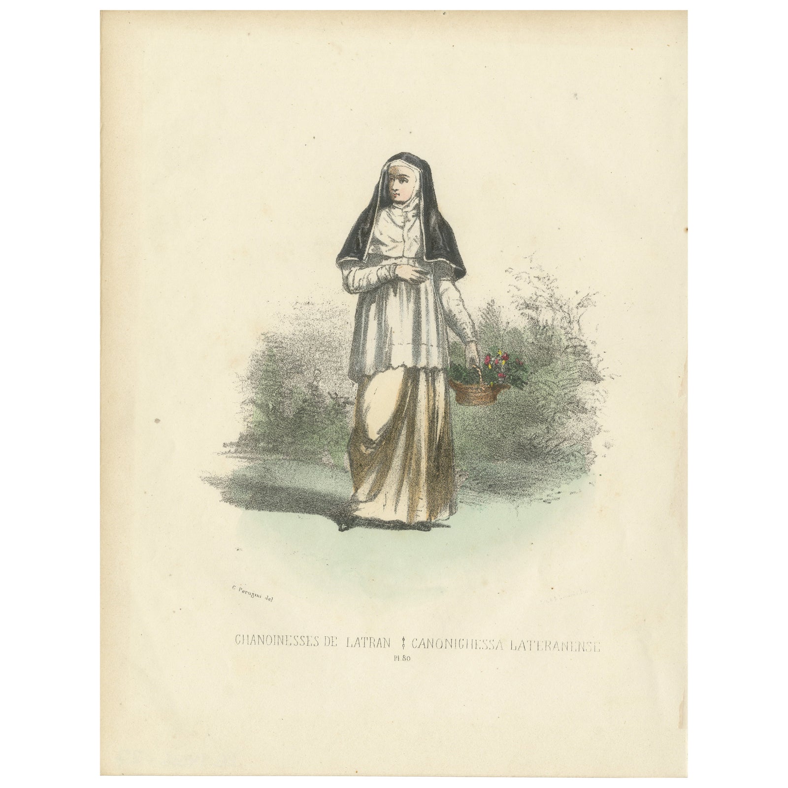 Blossoms of Faith: Handcolored Print of a Lateran Canoness, Plate 80, 1862