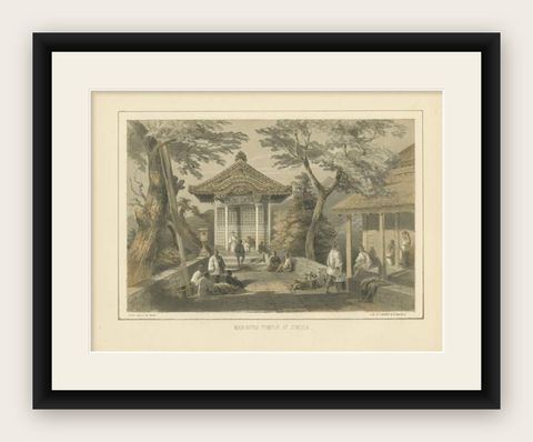 Antique Print of the Mariners Temple in Shimoda by Hawks, 1856, shown framed