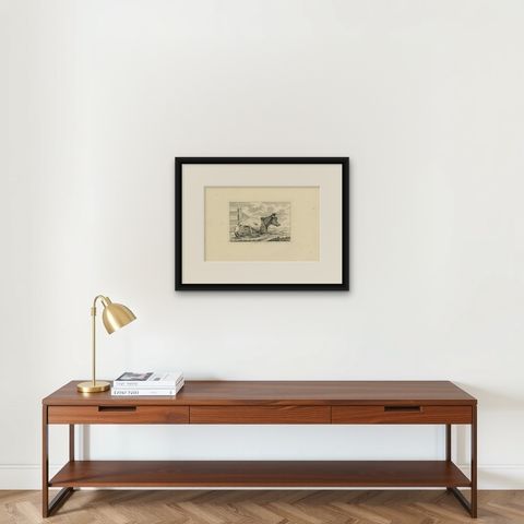 Etching of Resting Cow by Fence: Rural Scene by Anthony Oberman, 1810, shown framed on a wall