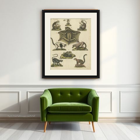 Hand Colored Antique Print of Lemurs and the extinct Mauritian Flying Fox, 1820, shown framed on a wall