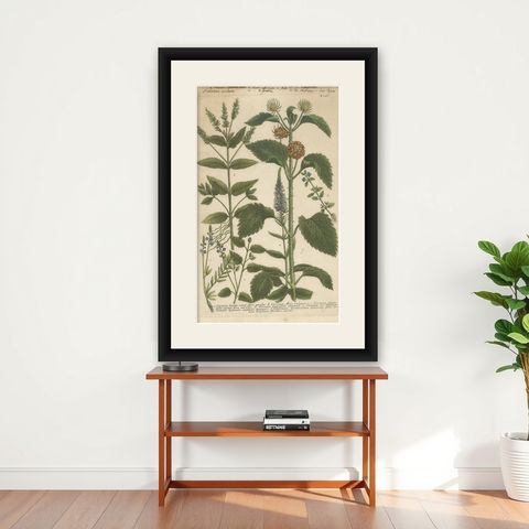 Copper Engraving of Spike Speedwell and Various Other Plants, 1745, shown framed on a wall