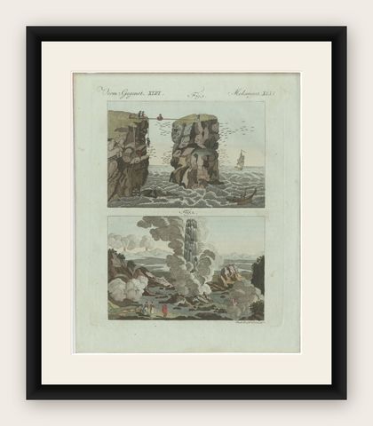 Original Antique Print of Iceland Geyser, Hekla and Orkney Bird Catchers, 1802, shown framed