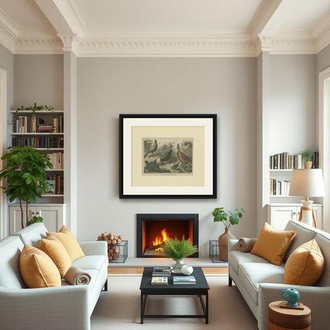 Antique Bird Print of the Himalayan Monal, '1879', shown framed in a room