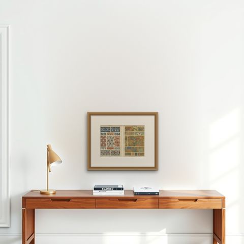 Antique Chinese Decorative Art Prints with Floral and Textile Motifs, 1887, shown framed on a wall