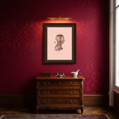 Superficial Nerves of the Face and Neck, Antique Hirschfeld Anatomy Print, 1866, shown framed in a room