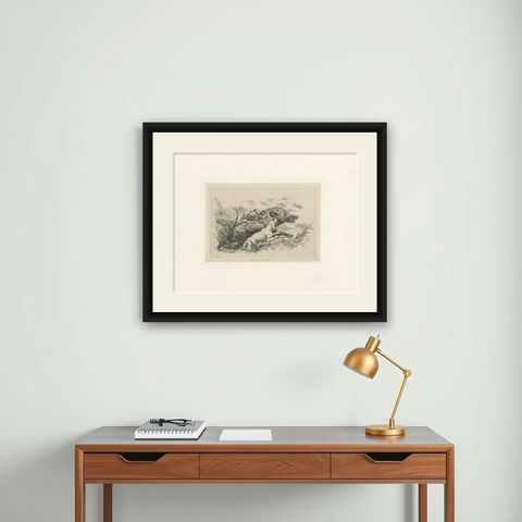Dogs Attacking a Wild Boar, Dramatic Sporting Etching by J.F. Tayler, 1872, shown framed on a wall