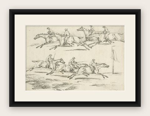 Original Uncolored Antique Engraving of a Horse Race in England, 1817, shown framed