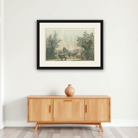 Chinese Landscape with Camel, Rhinoceros and Elephant, Antique Print, 1815, shown framed on a wall