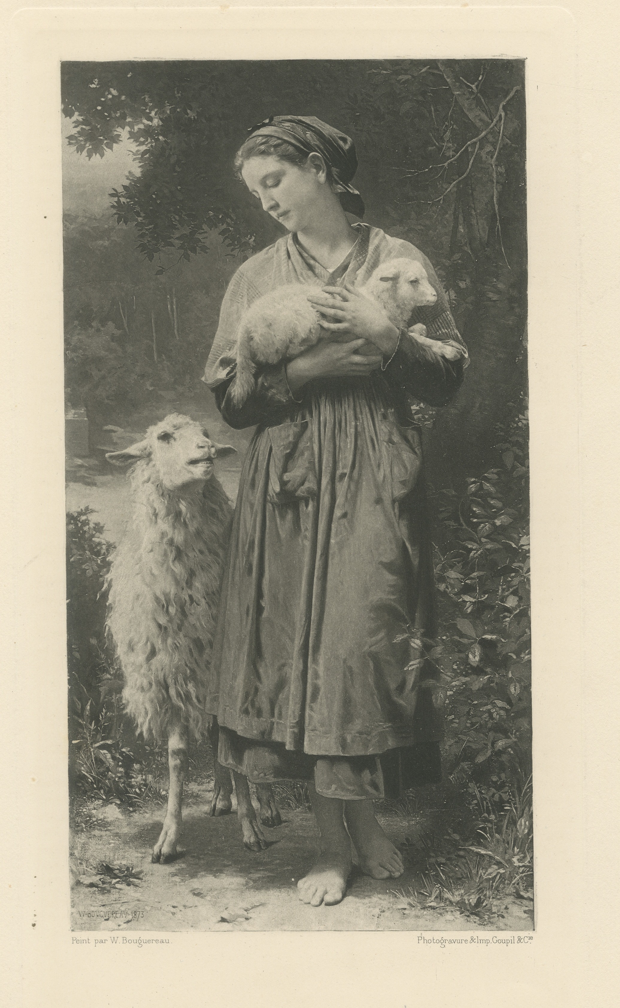 The Newborn Lamb after William Bouguereau, Antique Photogravure, circa 1880