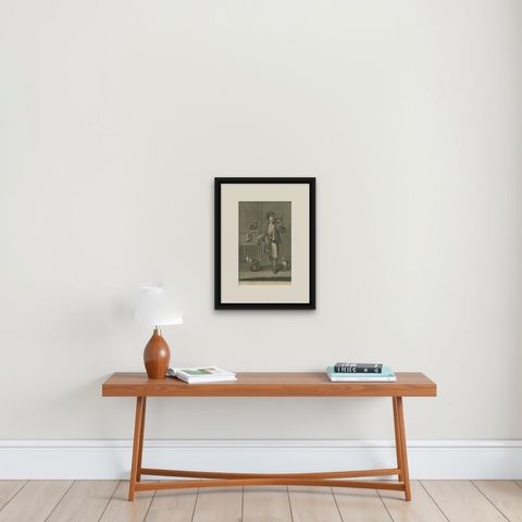 Antique Print of Dgi-Guerdgi feeding Cats in the Bazaar, shown framed on a wall