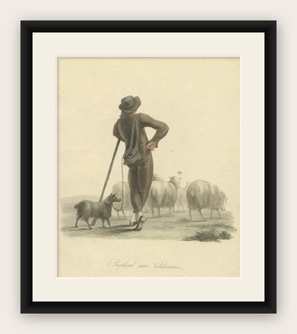 Antique Print of a Shepherd Boy with Sheep Near Valenciennes, 1817, shown framed