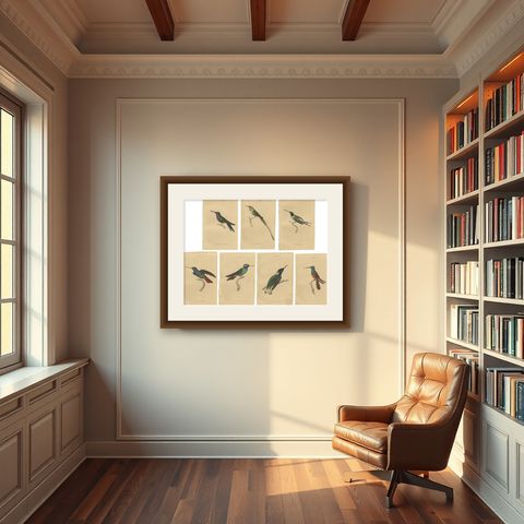 Set of 7 Antique Bird Prints, Harlequin Hummingbird, by Jardine '1837', shown framed in a room