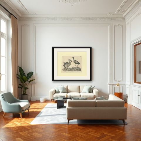 Antique Print of The Extinct Dodo and the Trumpeter Bird, 18th Century, shown framed in a room